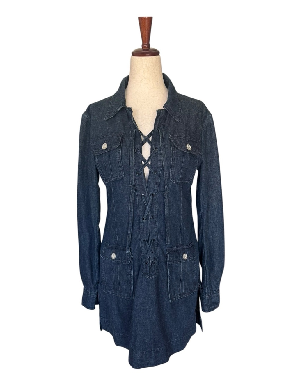 Vintage Y2K Imitation of Christ Denim Lace Up Mini Dress Tunic Safari YSL Med